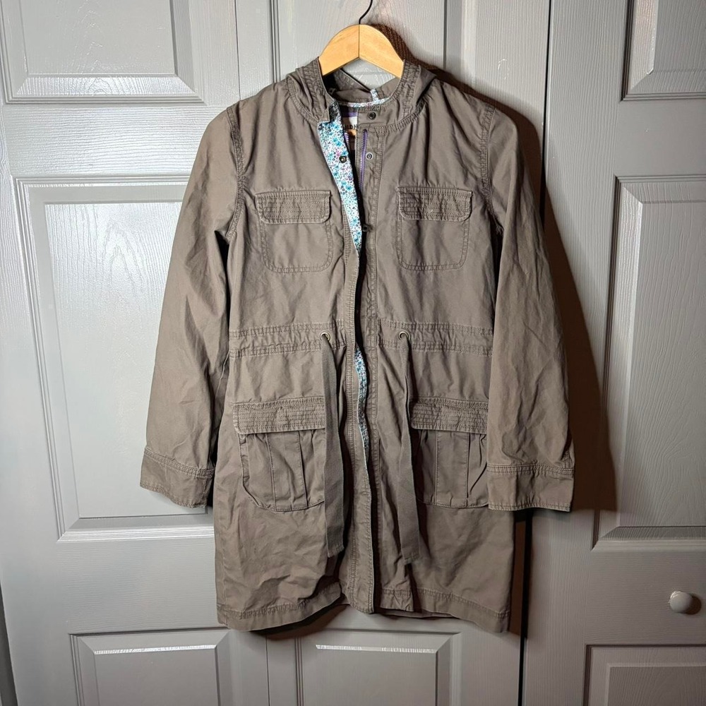 Old Navy Womens Khaki Utility Jacket Floral Lining Hooded Brown Tan Size S